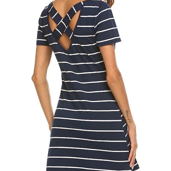 NWT!! 💖FEAGER 💖 POPULAR NAVY BLUE STRIPED CRISS-CROSS T-SHIRT DRESS 🔥 - Picture 11 of 12